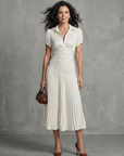 Theodora | Pleated Waistline Stripe Midi Dress