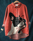 Samantha | Decorative Pattern of French Bulldog Wearing Sunglasses On Red Background Casual  Shirt