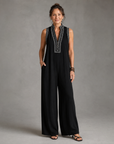 Velmira | Embroidered V Neck Sleeveless Wide Leg Jumpsuit