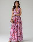 Nori | Halter Neck Ruched Bodice Floral Maxi Dress