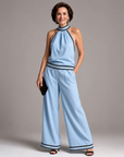 Zephyrine | Contrast Trim Halter Neck Wide Leg Jumpsuit