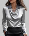 Rose | Women’s Draped Neck Long Sleeve Satin Blouses