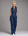 Samantha | Zip Front Sleeveless Denim Wide Leg Jumpsuit