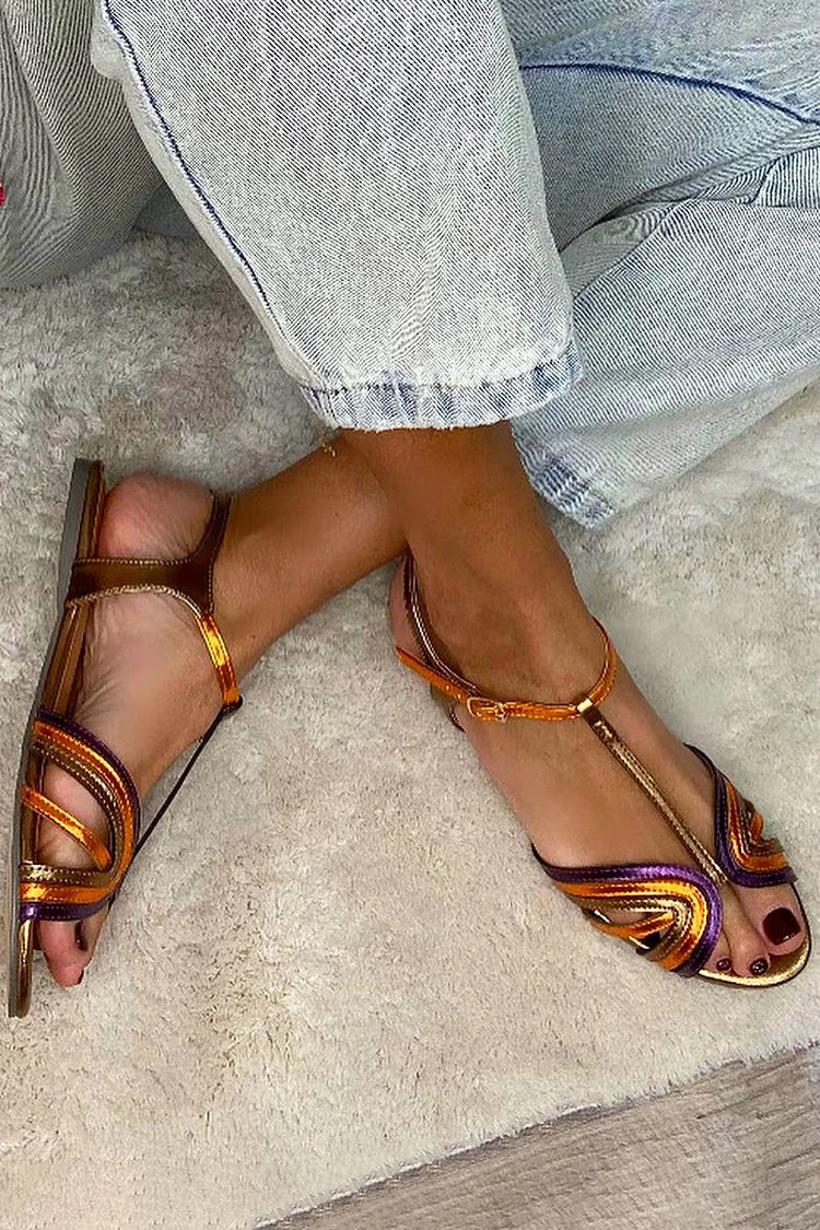 Golden sandals with buckle and multicolor strap