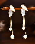 Long Pearl Leaf Earrings