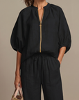 Natalia | Zip Front Blouson Top Wide Leg Set
