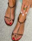 Metallic Flat Sandals with T-Straps