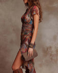 Indira ™ | Desert Sunset Boho Ruched Midi Dress