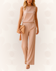 Women’s Wide Leg Jumpsuit – Round Neck Mid-Waist Fit for Elegant Styling