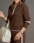 Rain | Zip Neck Long Sleeve Side Stripe Leg Pants Set