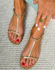 Metallic Flat Sandals with T-Straps