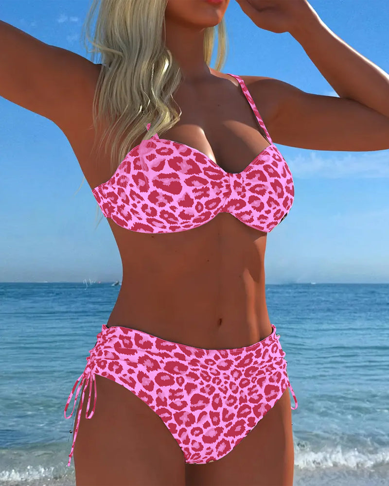 Two-Piece Swimsuit with Knot and Leopard Print