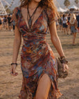 Indira | Desert Sunset Boho Ruched Midi Dress