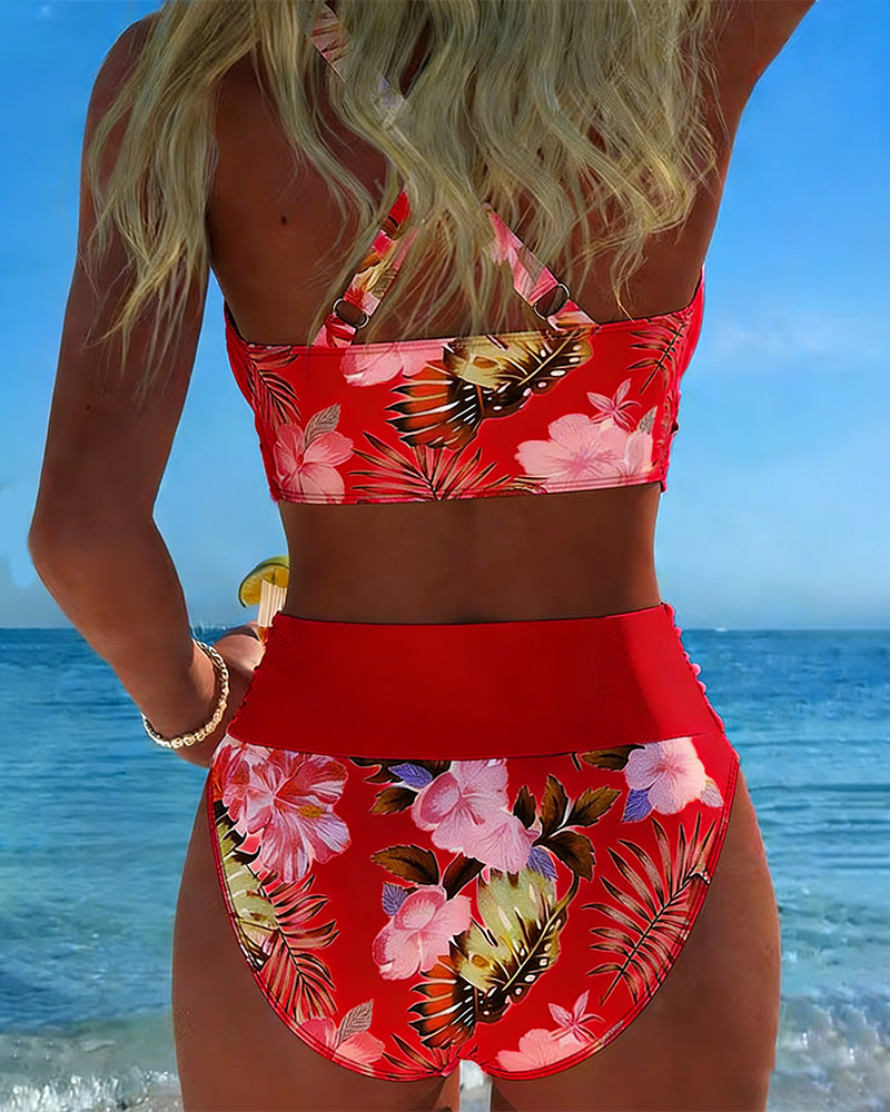 Bikini Contrast Floral Pattern Split