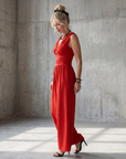 Vincenza | Deep V Waist Defined Wide Leg Jumpsuit