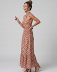 Amira | Cross Halter Geometric Print Cutout Midi Dress