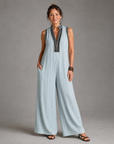 Velmira | Embroidered V Neck Sleeveless Wide Leg Jumpsuit