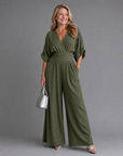 Emene | Draped V Neck Wide Leg Relaxed Jumpsuit