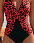 One-Piece Swimsuit with Leopard Print Patchwork V-Neck