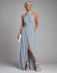 Vaelora | Cross Halter Draped Side Slit Midi Dress