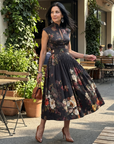 Greta | High Neck Keyhole Floral Pleated Midi Dress