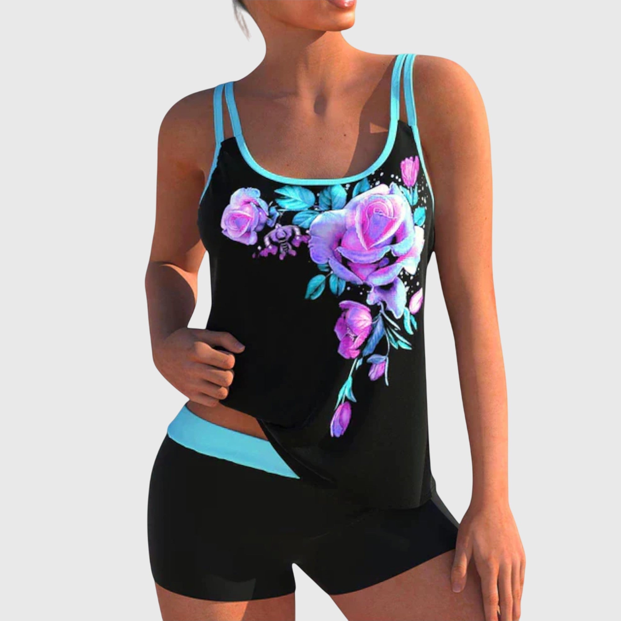Flor – Floral tankini with shorts, creates a flat stomach effect