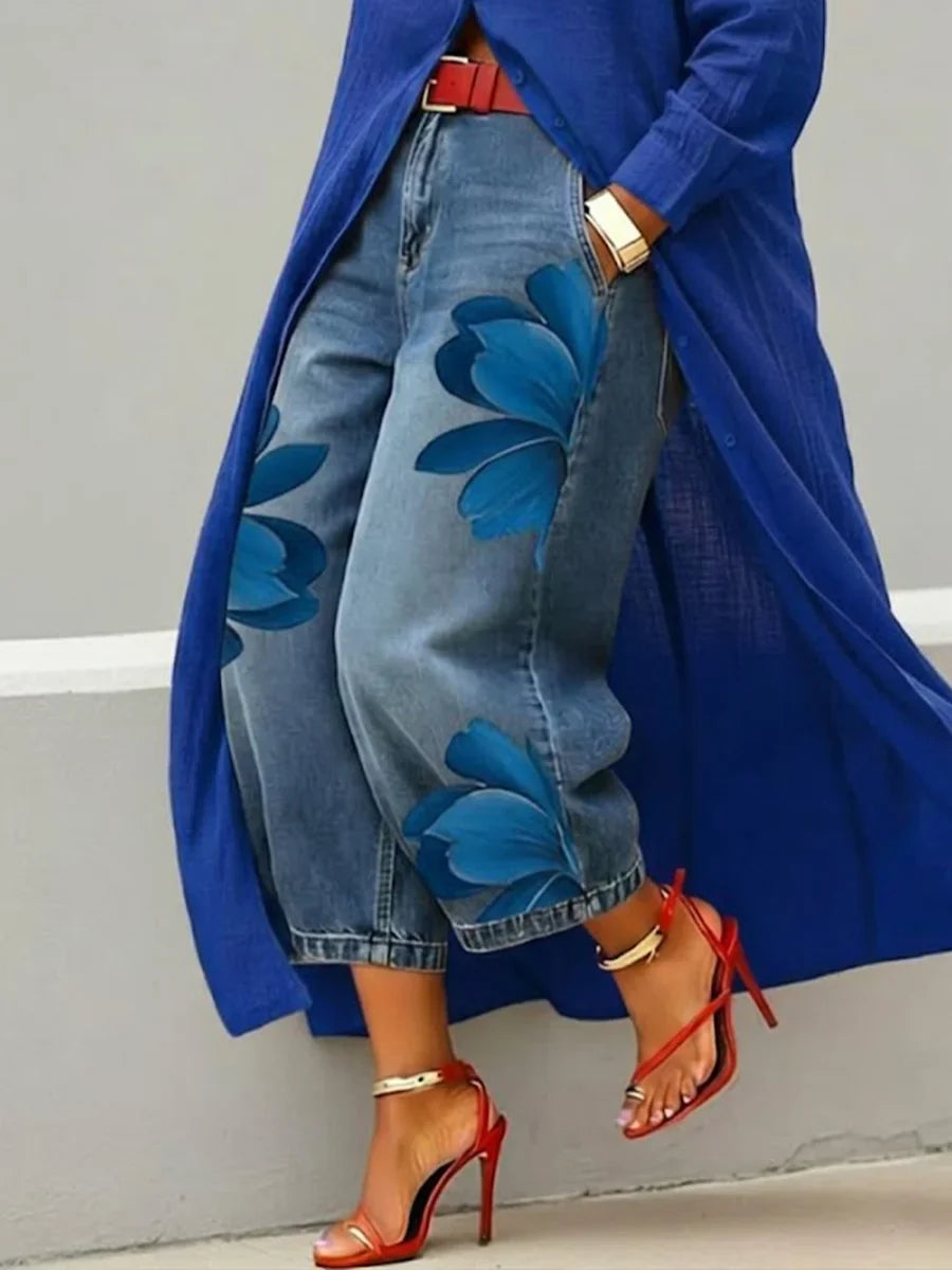 Adelaide - Linen Shirt Dress and Floral Jeans Set