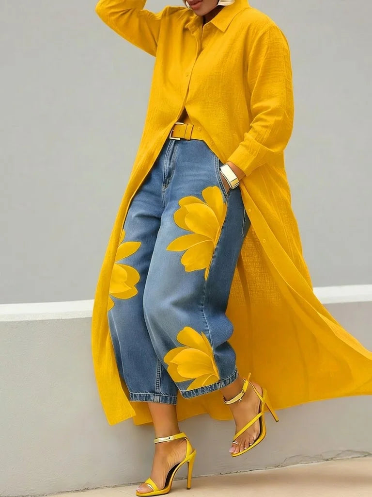 Adelaide - Linen Shirt Dress and Floral Jeans Set