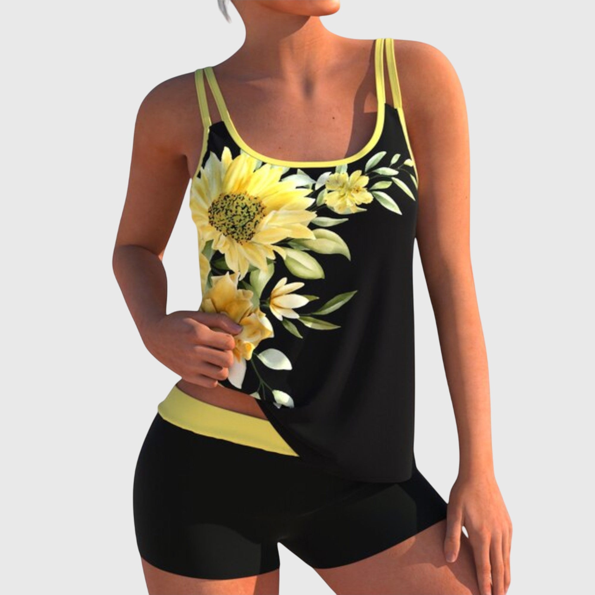 Flor – Floral tankini with shorts, creates a flat stomach effect