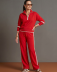 Rain | Zip Neck Long Sleeve Side Stripe Leg Pants Set