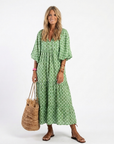 Apolline | Three Quarter Sleeve V Neck Patterned Midi Dress
