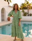 Apolline | Three Quarter Sleeve V Neck Patterned Midi Dress