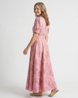 Xanthea | Short Sleeve Belted Floral Textured Maxi Shirt Dress