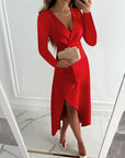 Lily | Women’s V Neck Sheath Midi Dress Slit