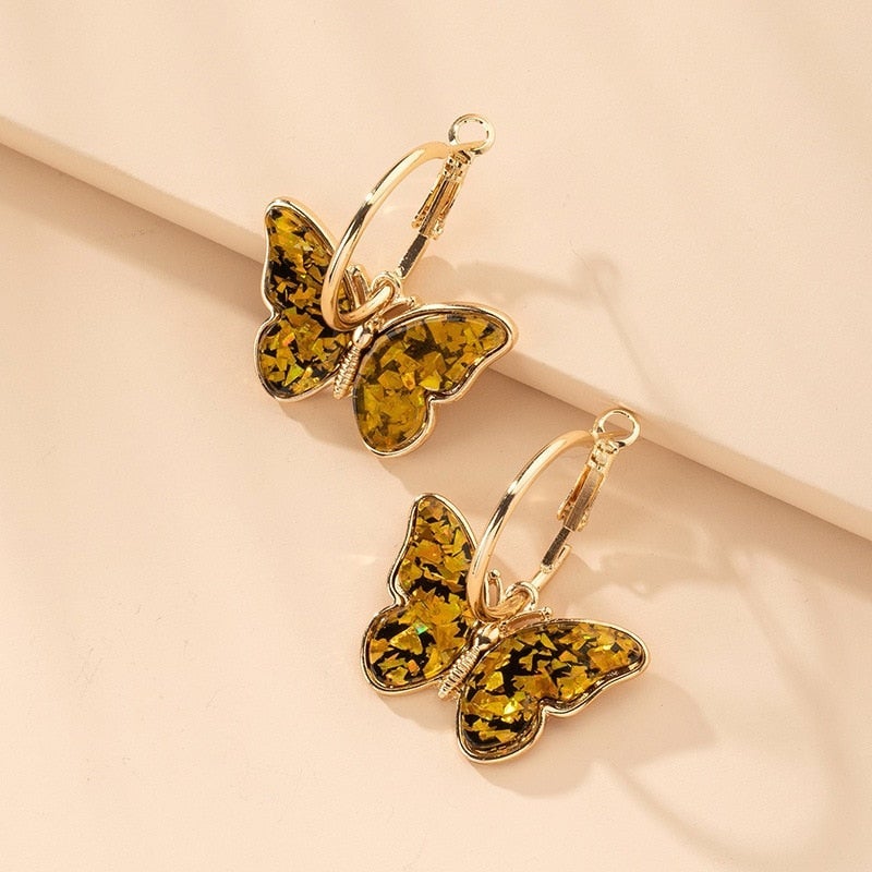 Gold Creole Earrings with Multicolored Butterflies