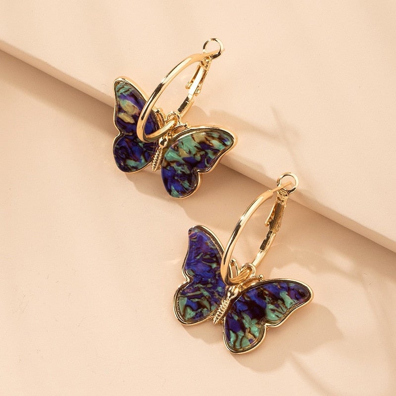 Gold Creole Earrings with Multicolored Butterflies