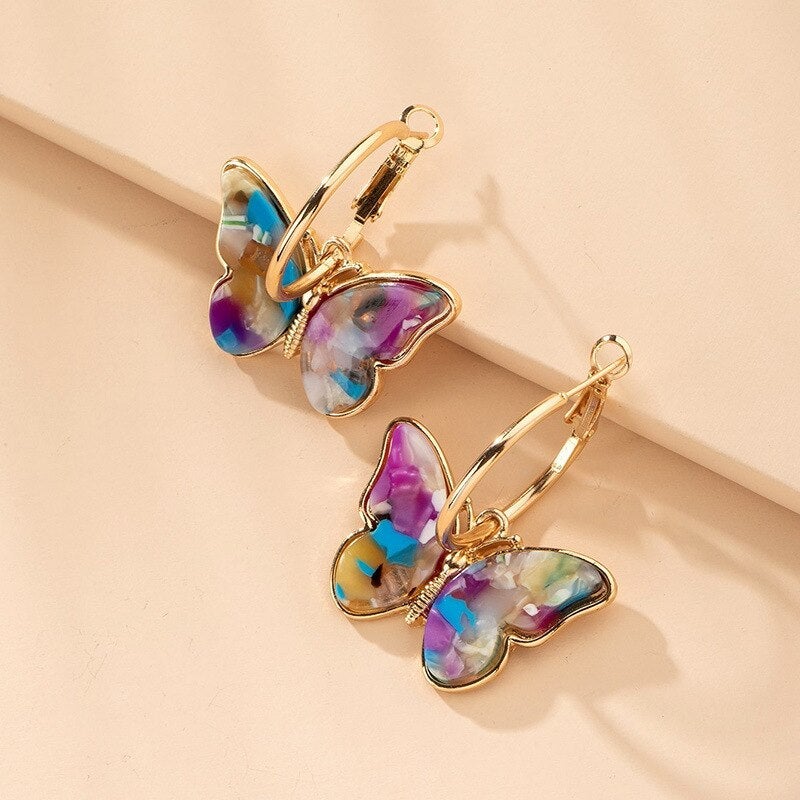 Gold Creole Earrings with Multicolored Butterflies