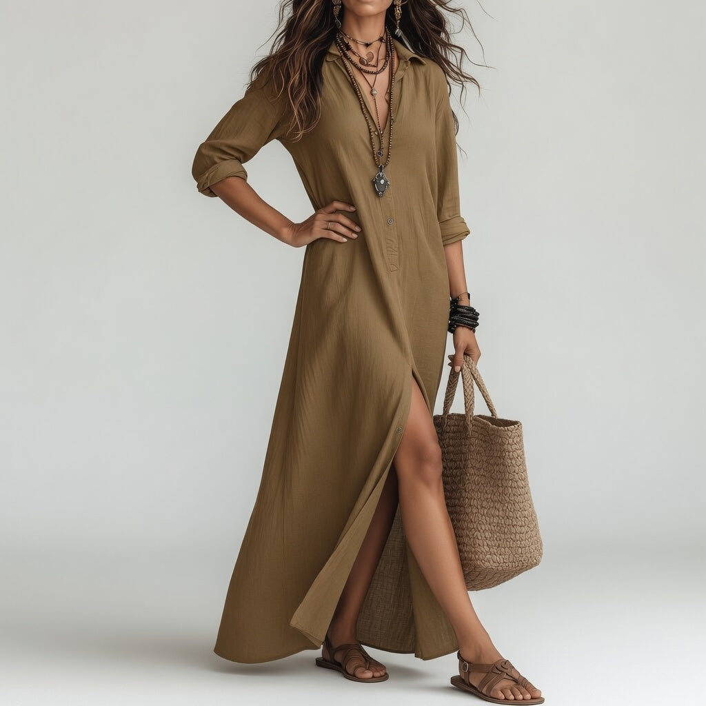 Violaine™ — Long boho shirt dress with natural elegance