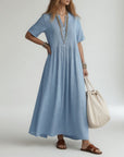 Pélagie™ — Long Cotton Dress with V-Neck for Summer Freedom