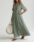 Pélagie™ — Long Cotton Dress with V-Neck for Summer Freedom
