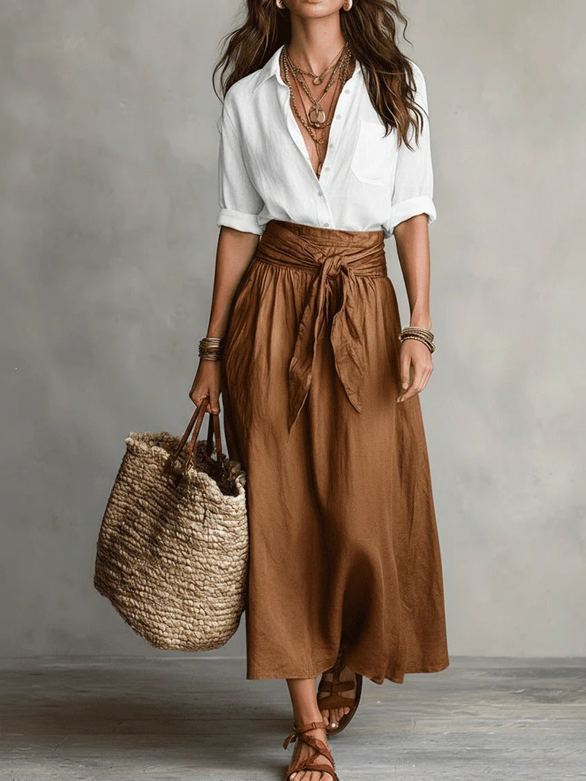 Makenzie | Two-Piece Set: Black Top and Olive Green Midi Skirt