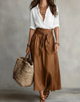 Makenzie | Two-Piece Set: Black Top and Olive Green Midi Skirt