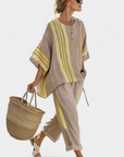 Elowric | Elegant Lavender Top & Mustard Striped Pants