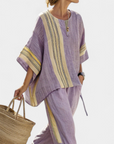 Elowric | Elegant Lavender Top & Mustard Striped Pants