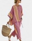 Elowric | Elegant Lavender Top & Mustard Striped Pants