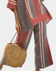 Bravine | Elegant Coral-Gray Linen Top & Wide-Leg Pants