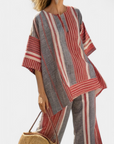 Bravine | Elegant Coral-Gray Linen Top & Wide-Leg Pants