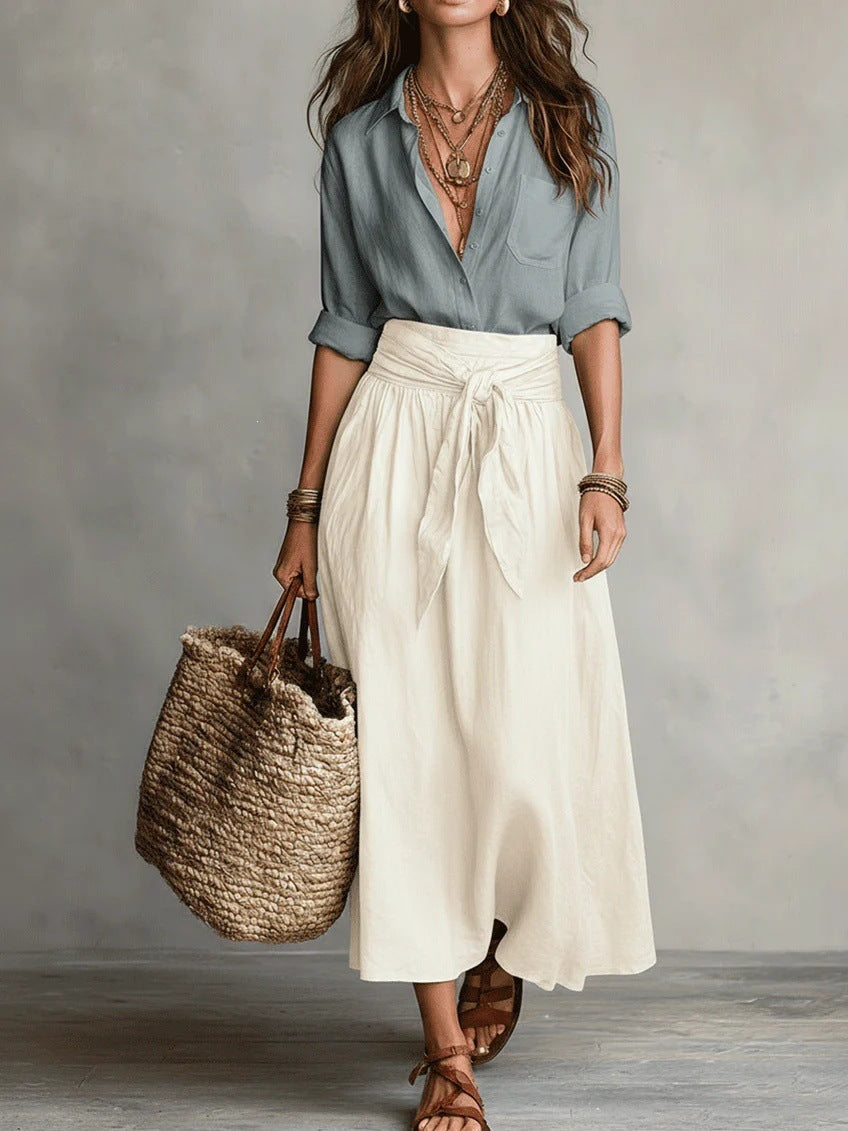 Makenzie | Two-Piece Set: Black Top and Olive Green Midi Skirt