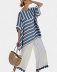 Corvielle | Sophisticated Blue Striped Top & Hem-Detailed Pants