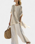 Greysen | Elegant Ivory Linen Blouse & Black Striped Pants